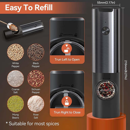 Rechargeable Electric Salt Pepper Grinder Stainless Steel One Touch