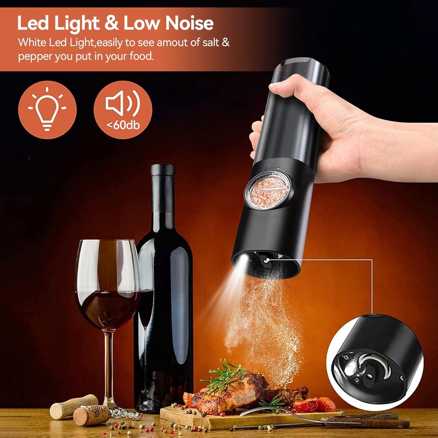 Rechargeable Electric Salt Pepper Grinder Stainless Steel One Touch