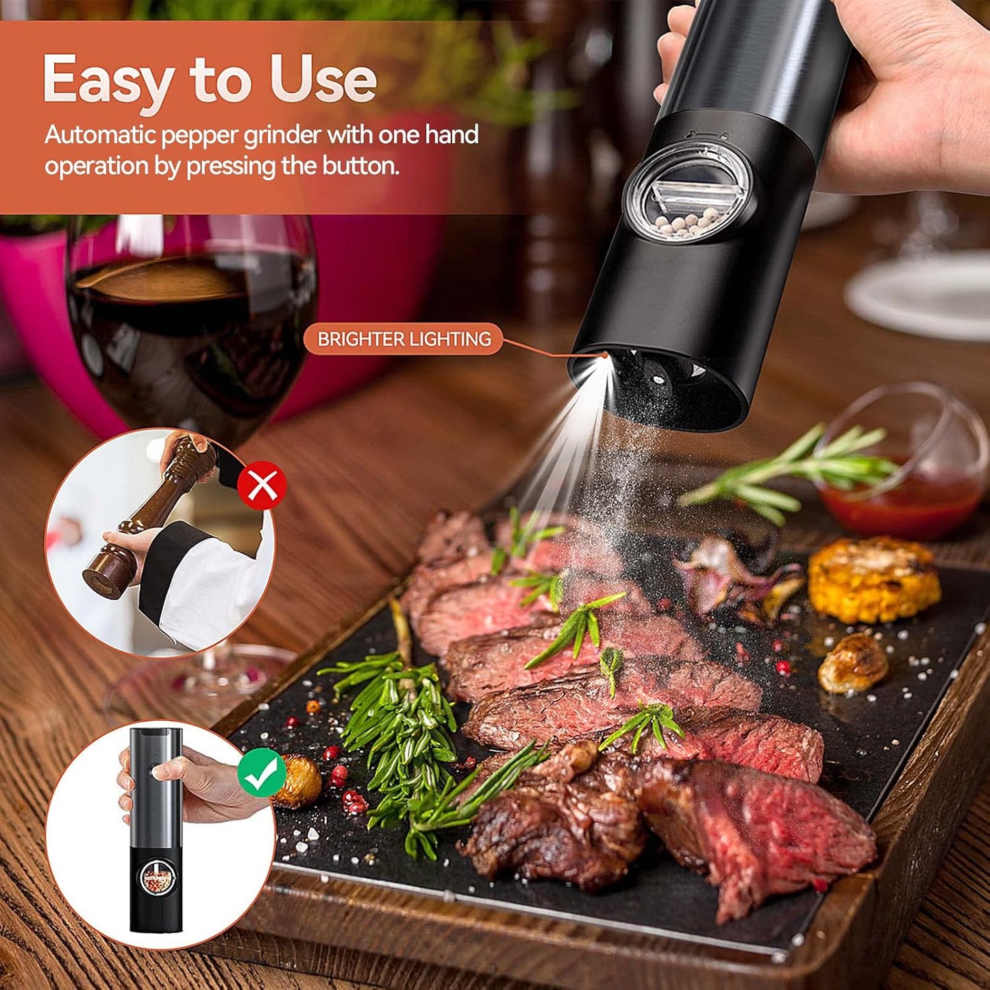 Rechargeable Electric Salt Pepper Grinder Stainless Steel One Touch