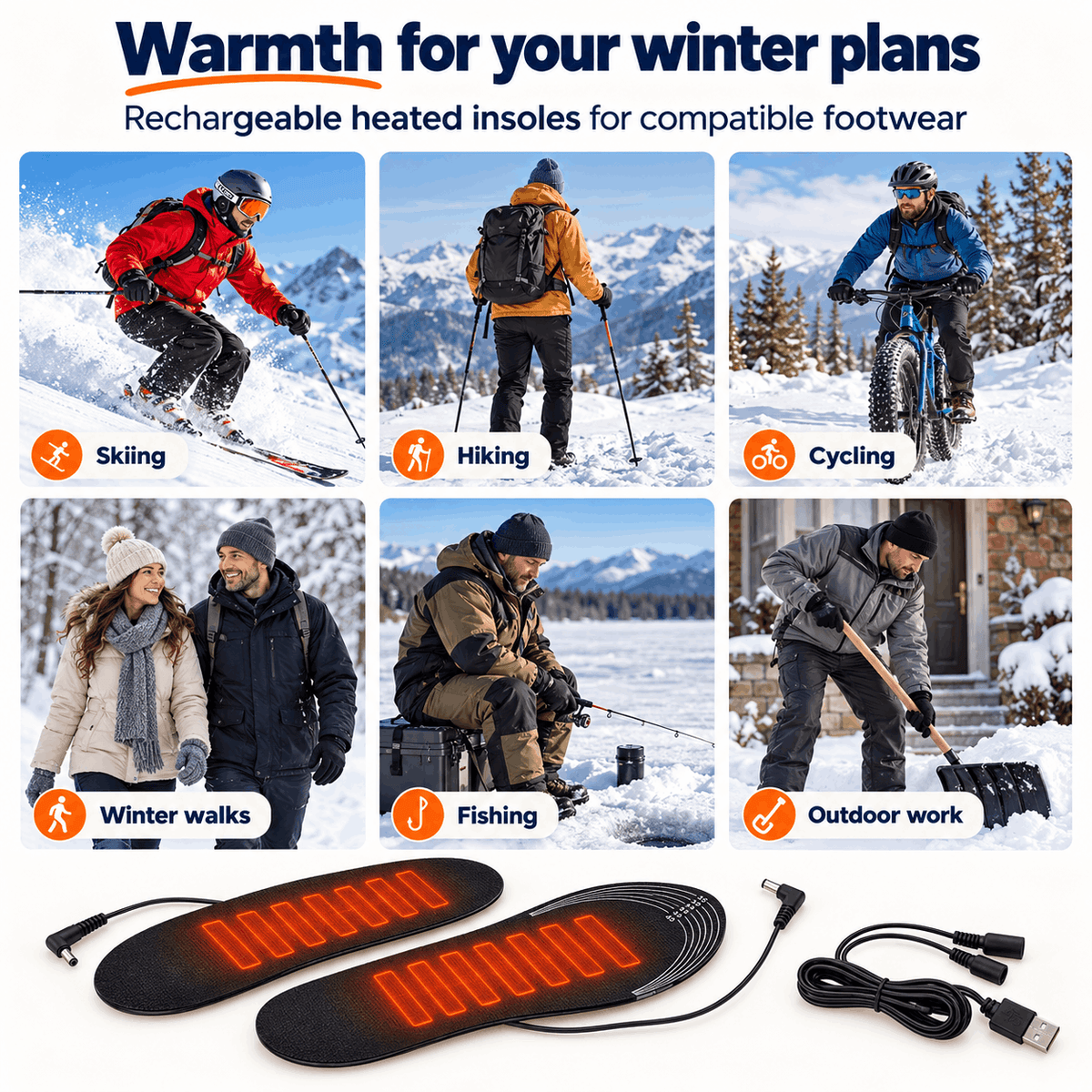 Rechargeable Heated Insoles Adjustable Warmth Trim to Fit