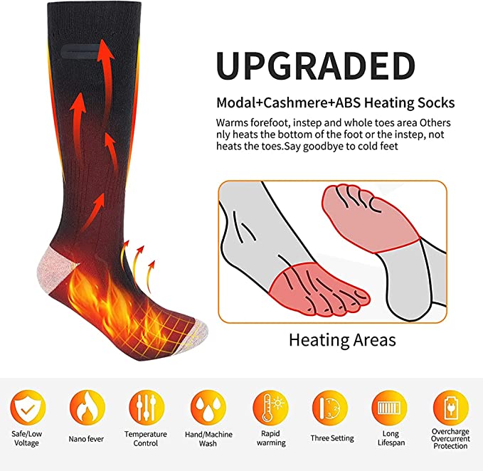 Rechargeable Heated Socks Three Heat Levels Winter Cold Weather Footwear