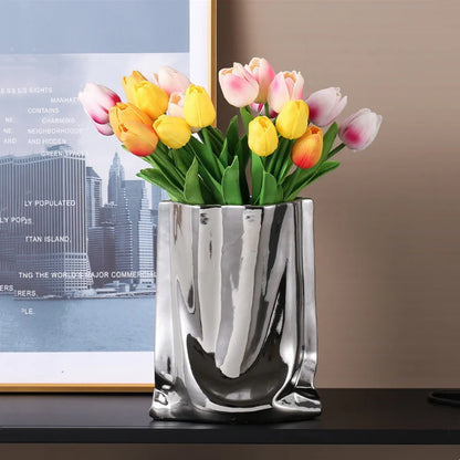 Reflective Silver Ceramic Vase Modern Home Decor Statement Centerpiece