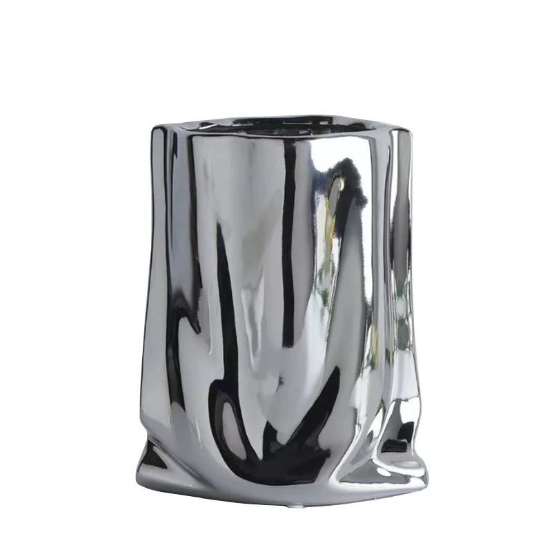 Reflective Silver Ceramic Vase Modern Home Decor Statement Centerpiece