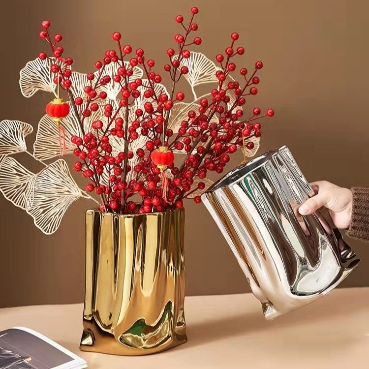 Reflective Silver Ceramic Vase Modern Home Decor Statement Centerpiece