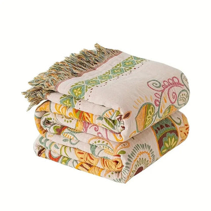 Vendbart boho-sofa- og sengetæppe med efterårsbladmønster