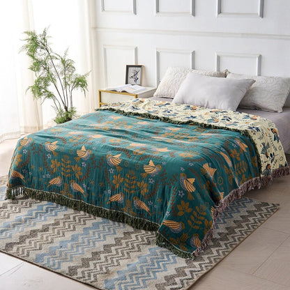 Reversible Cotton Throw Blanket with Decorative Bird and Floral Design