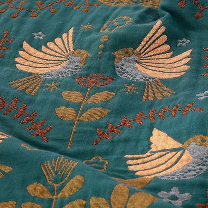 Reversible Cotton Throw Blanket with Decorative Bird and Floral Design