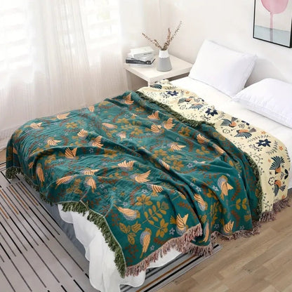 Reversible Cotton Throw Blanket with Decorative Bird and Floral Design