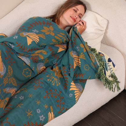 Reversible Cotton Throw Blanket with Decorative Bird and Floral Design