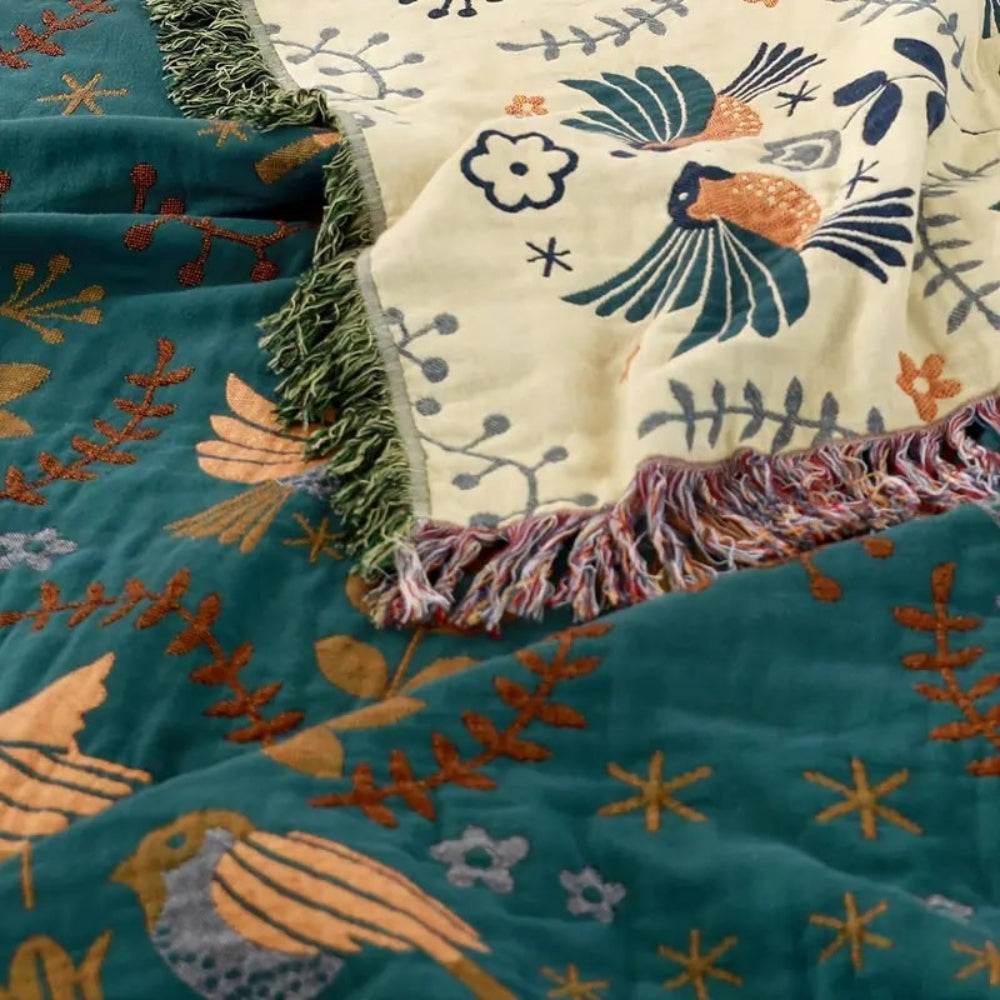 Reversible Cotton Throw Blanket with Decorative Bird and Floral Design