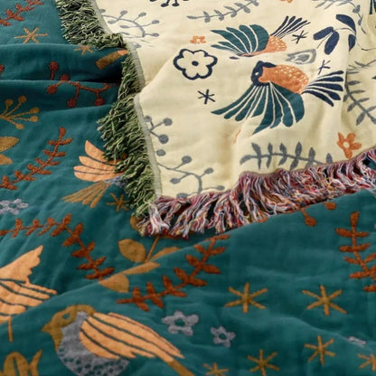 Reversible Cotton Throw Blanket with Decorative Bird and Floral Design