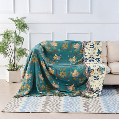 Reversible Cotton Throw Blanket with Decorative Bird and Floral Design
