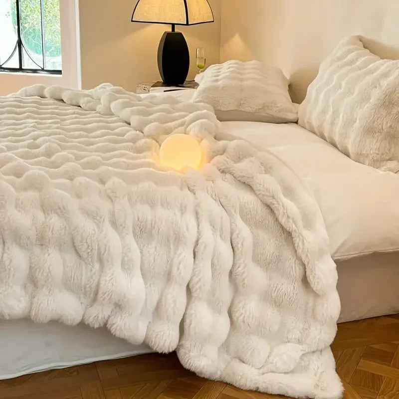Vendbart tekstureret plaid med blødt kaninpelslook til sofa eller seng, dekorativt boligtilbehør
