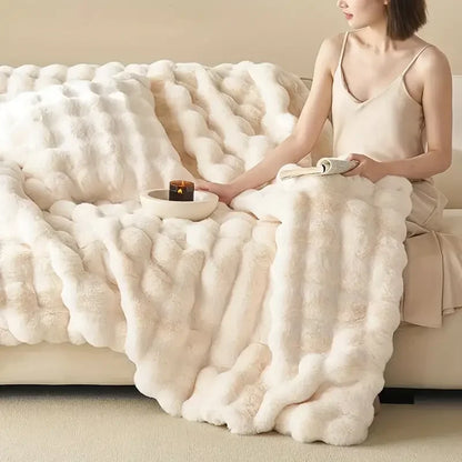 Vendbart tekstureret plaid med blødt kaninpelslook til sofa eller seng, dekorativt boligtilbehør