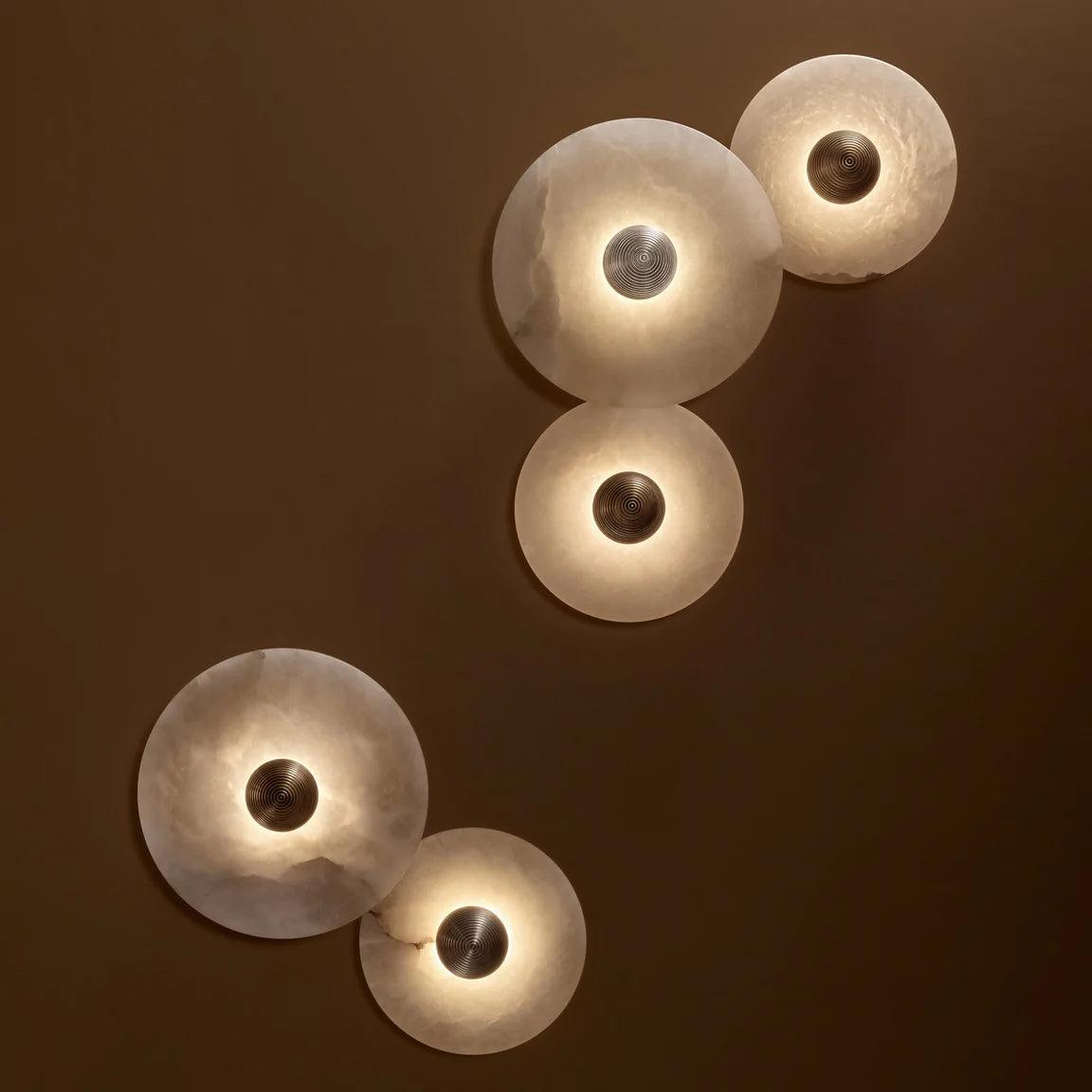 Round LED Flush Mount Wall Ceiling Light Alabaster Brass Design