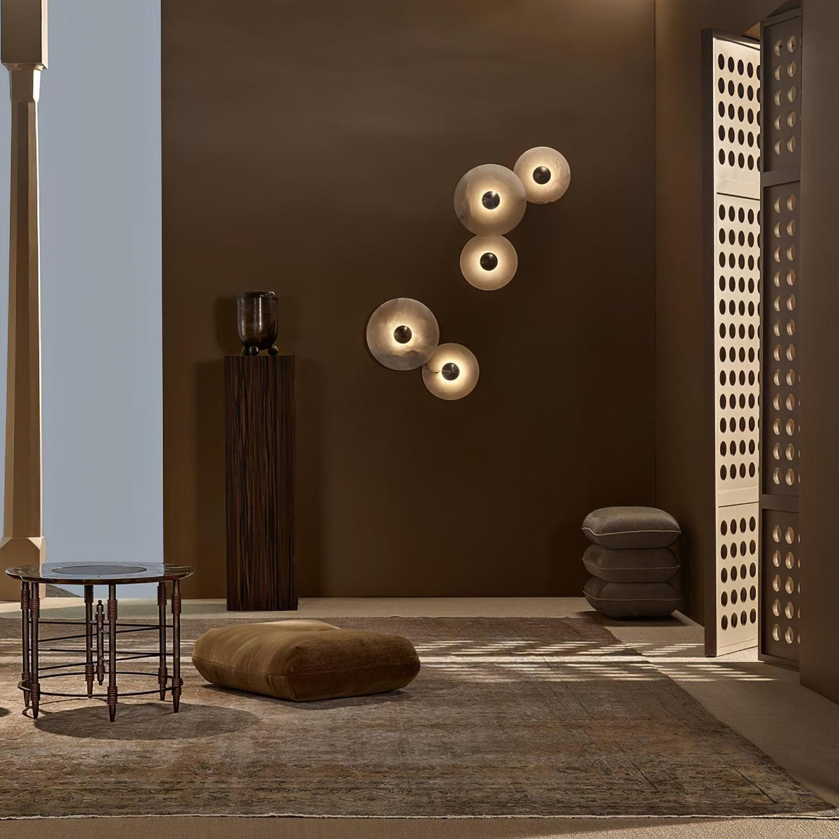 Round LED Flush Mount Wall Ceiling Light Alabaster Brass Design