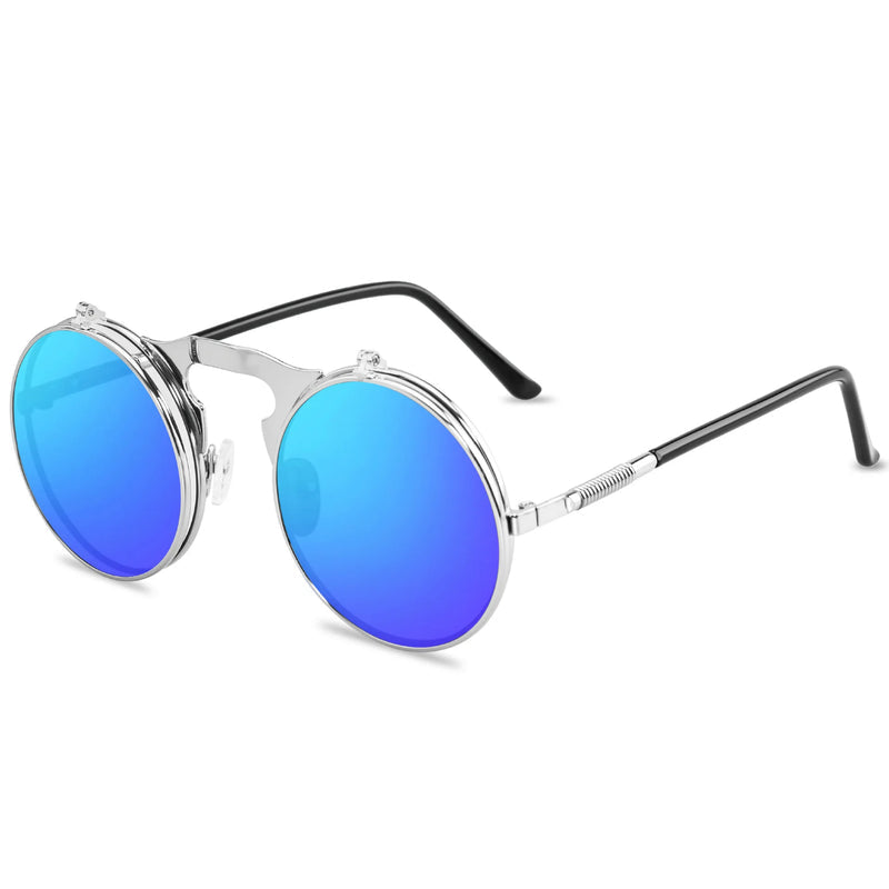Round Retro Flip Up Sunglasses Bold Frame Vintage Style UV Protection Eyewear