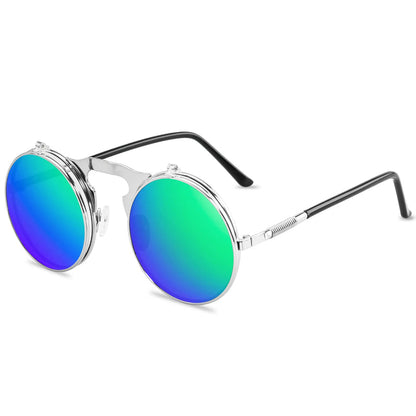 Round Retro Flip Up Sunglasses Bold Frame Vintage Style UV Protection Eyewear