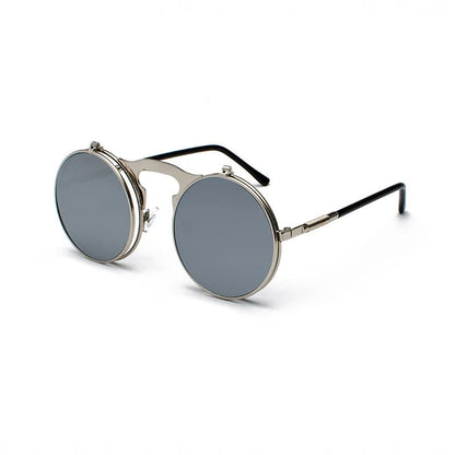 Round Retro Flip Up Sunglasses Bold Frame Vintage Style UV Protection Eyewear