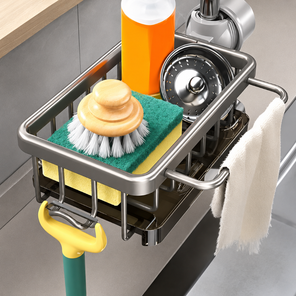 Sink Caddy Organizer with Drainage Basket and Hanging Hook