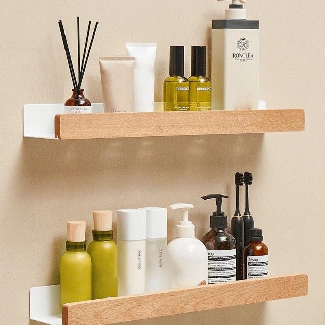 Solid Wood Bathroom Organizer Shelf No Drill Storage Solution