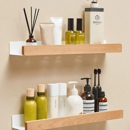 Solid Wood Bathroom Organizer Shelf No Drill Storage Solution