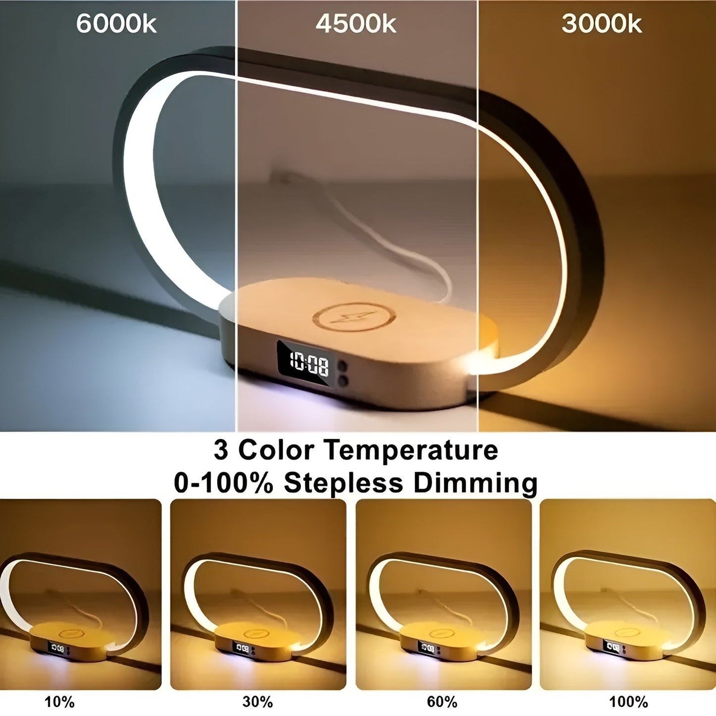 Stylish Multifunction Desk Lamp with Wireless Charging Station and LED Clock