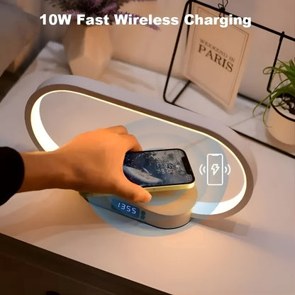 Stylish Multifunction Desk Lamp with Wireless Charging Station and LED Clock