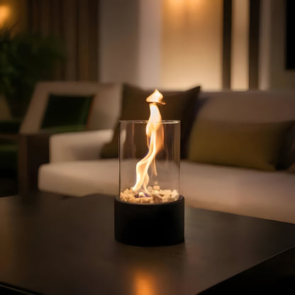 Tabletop Ethanol Fireplace Black Metal Base Glass Cylinder