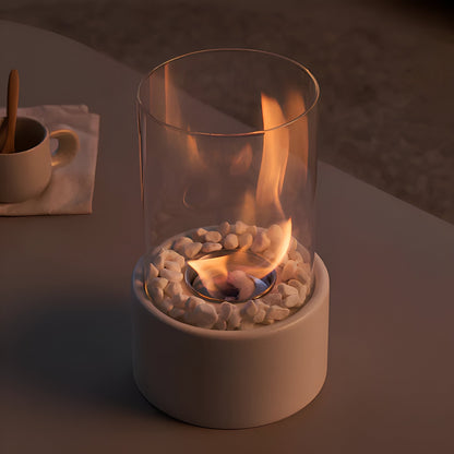 Tabletop Ethanol Fireplace Black Metal Base Glass Cylinder