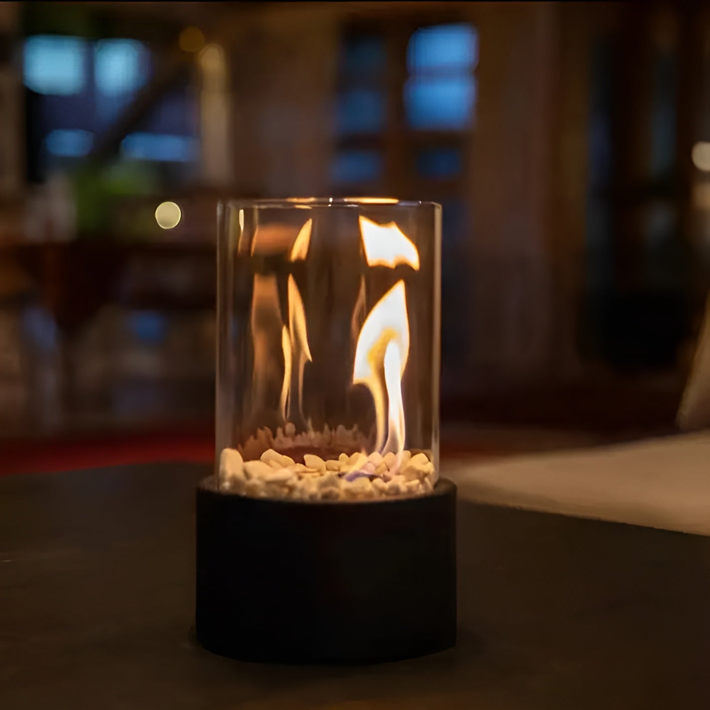 Tabletop Ethanol Fireplace Black Metal Base Glass Cylinder