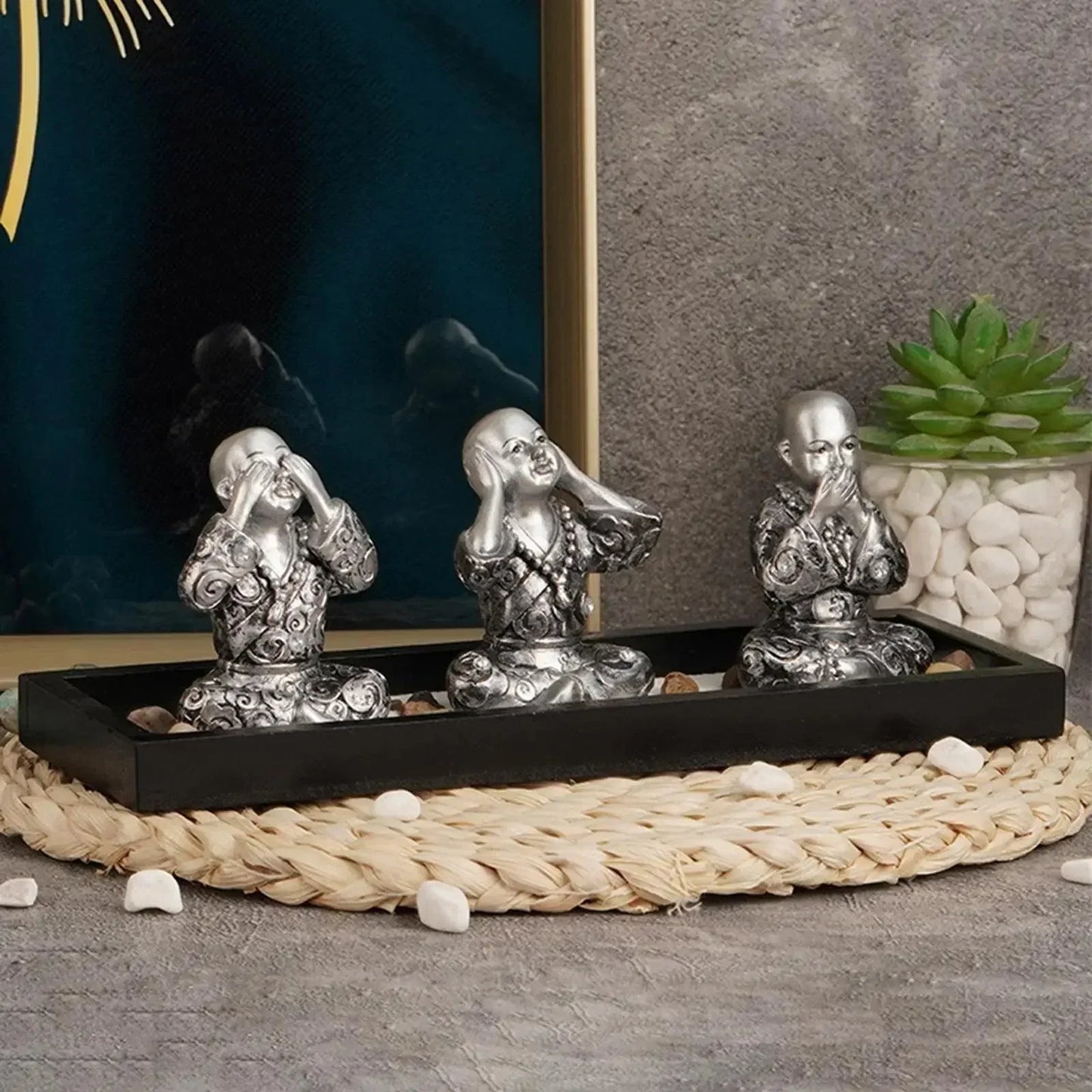 Three Monk Figurines Sandstone Kung Fu Monk Statues for Home Garden and Office