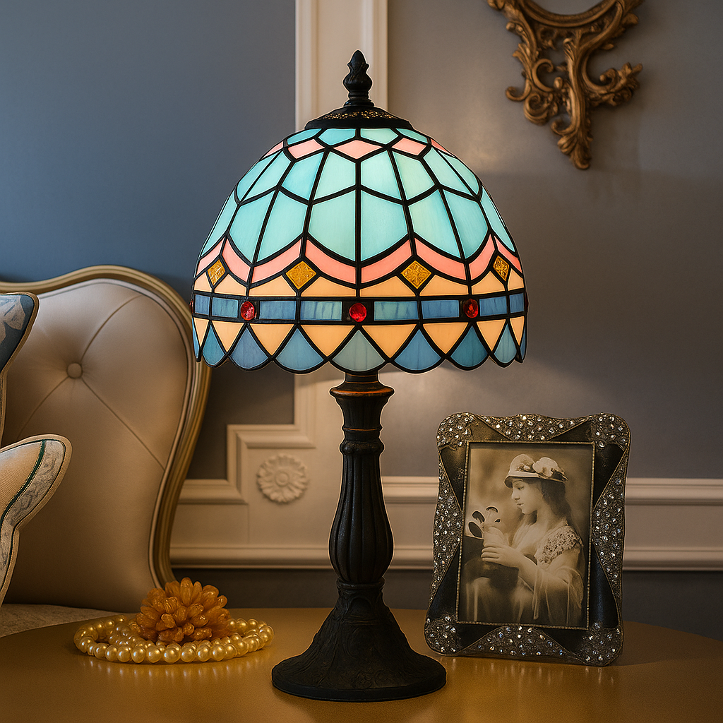 Tiffany-Style Stained Glass Table Lamp with Leaded Lines