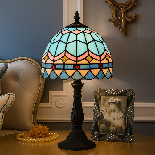 Tiffany-Style Stained Glass Table Lamp with Leaded Lines