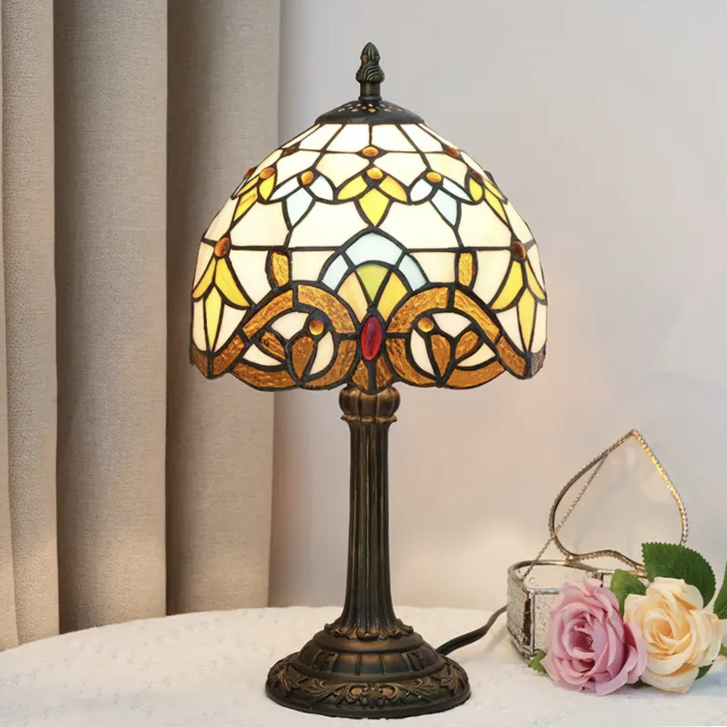 Tiffany Style Table Lamp Vintage Stained Glass Ambient Lighting