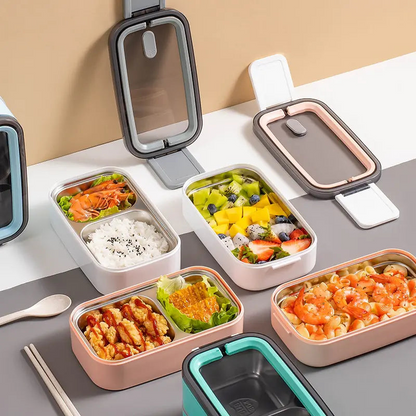 Two Tier Compact Lunch Box with Secure Clip Leak Resistant Food Storage Container