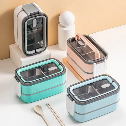 Two Tier Compact Lunch Box with Secure Clip Leak Resistant Food Storage Container