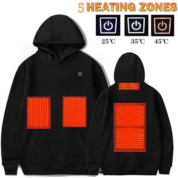 USB Heated Hoodie with Electric Heating Zones and Drawstring Hood