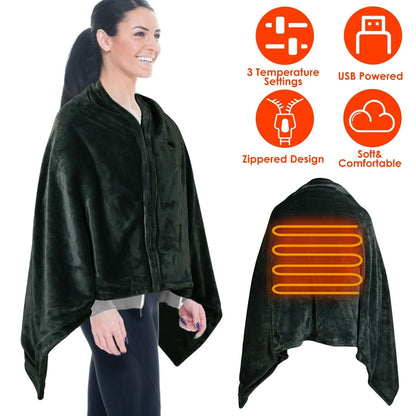 Coperta riscaldata indossabile in pile, alimentata tramite USB, con cerniera, scialle elettrico avvolgente