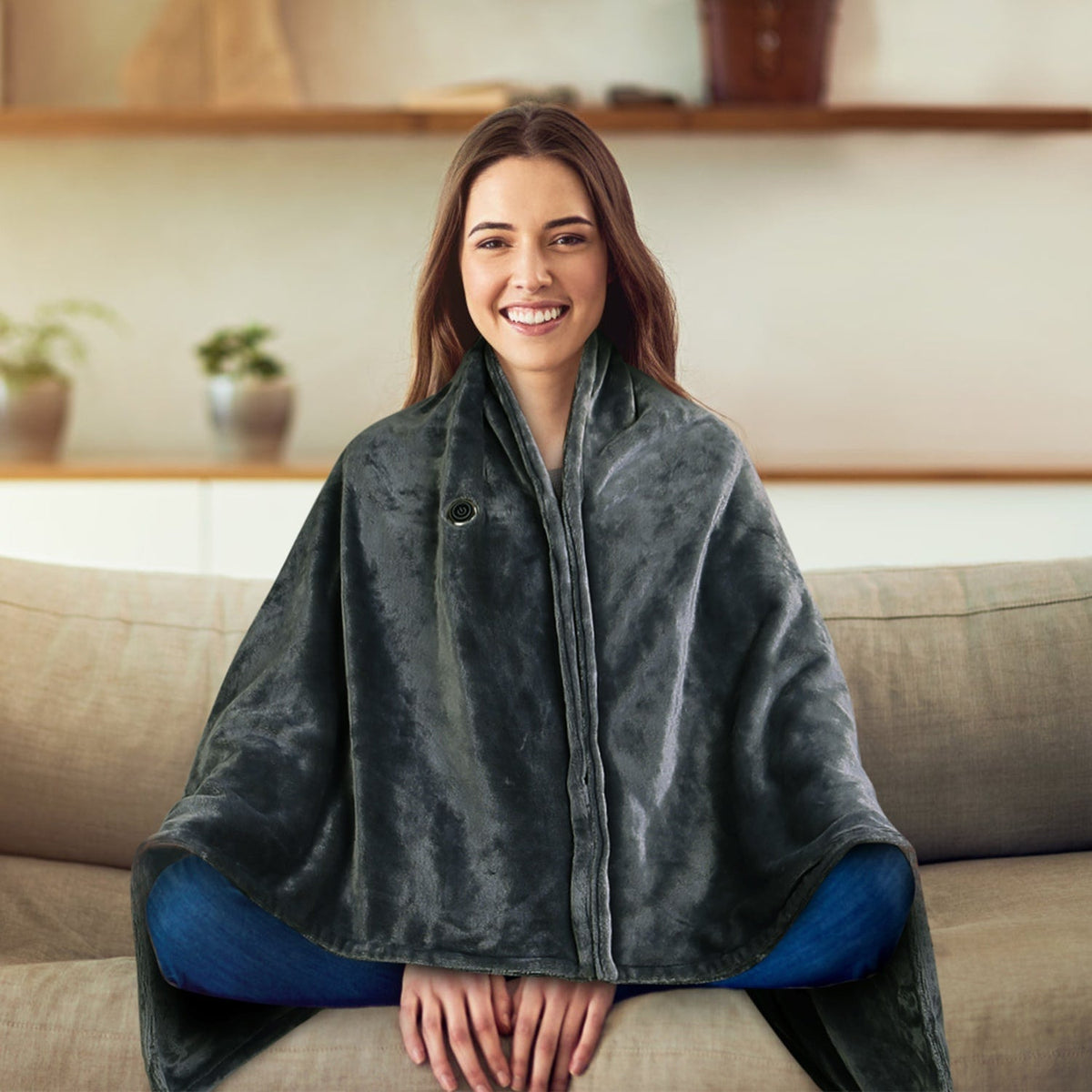 Coperta riscaldata indossabile in pile, alimentata tramite USB, con cerniera, scialle elettrico avvolgente