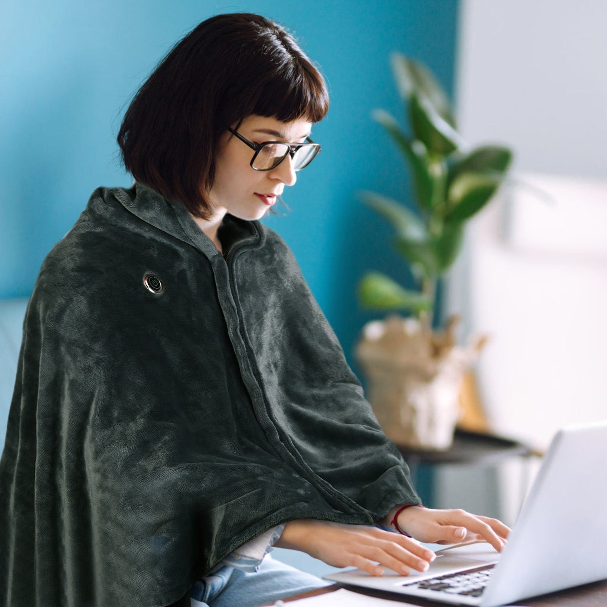 Coperta riscaldata indossabile in pile, alimentata tramite USB, con cerniera, scialle elettrico avvolgente