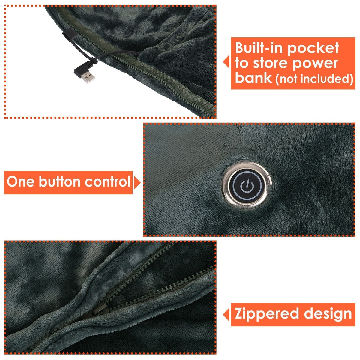 Coperta riscaldata indossabile in pile, alimentata tramite USB, con cerniera, scialle elettrico avvolgente