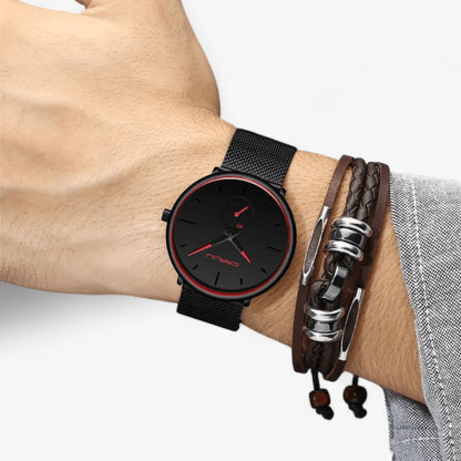 Ultra Thin Minimalist Men's Watch Quartz Stainless Steel Mesh Waterproof