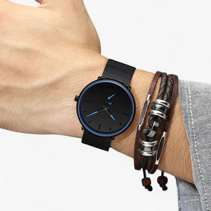 Ultra Thin Minimalist Men's Watch Quartz Stainless Steel Mesh Waterproof