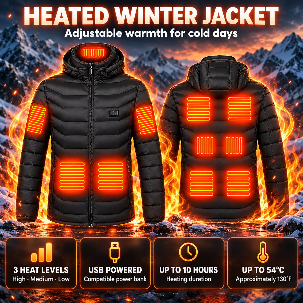 Unisex Heated Winter Jacket USB Powered Three Level Adjustable Warming Coat