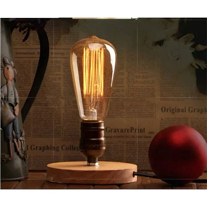 Vintage-Inspired Wood Base Table Lamp Warm Light Bedroom Desk Lighting