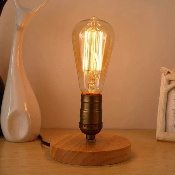 Vintage-Inspired Wood Base Table Lamp Warm Light Bedroom Desk Lighting