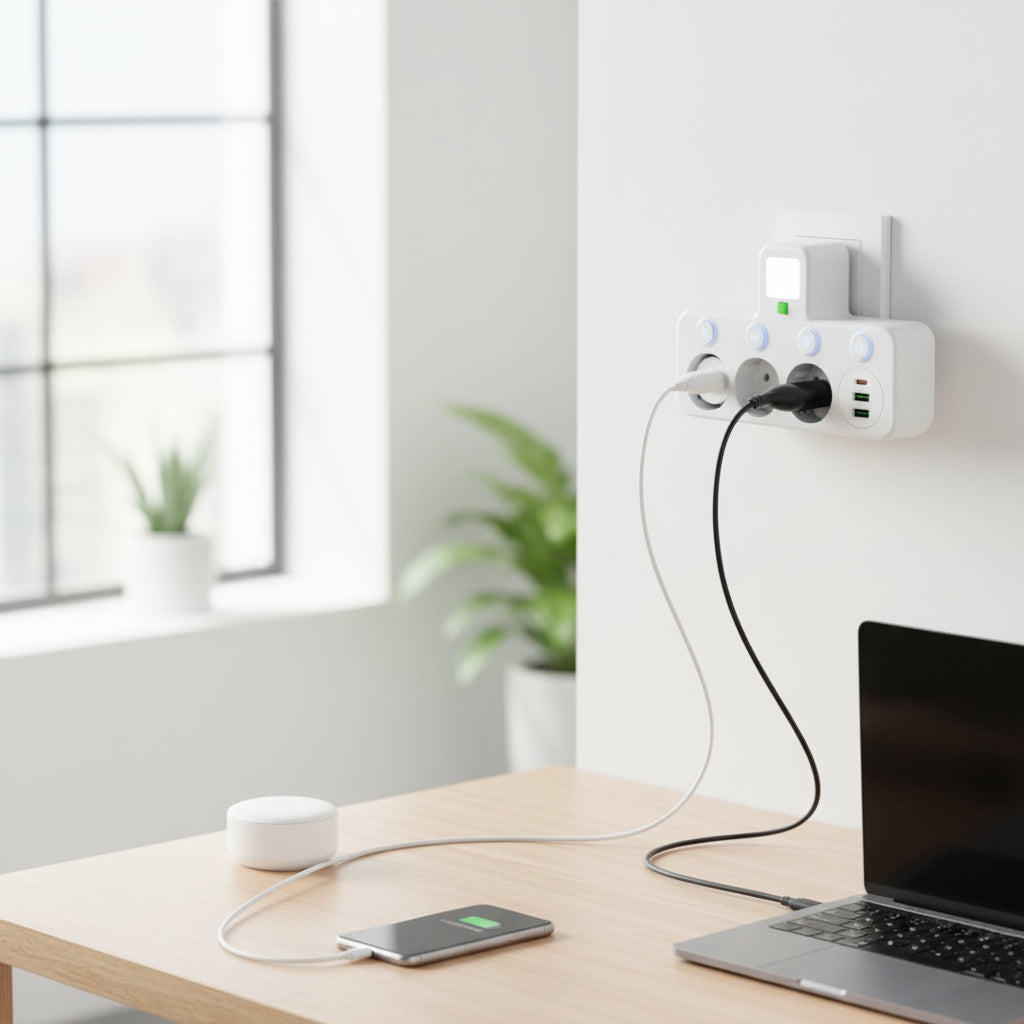 Vægmonteret stikdåse med USB- og USB C-opladningsporte