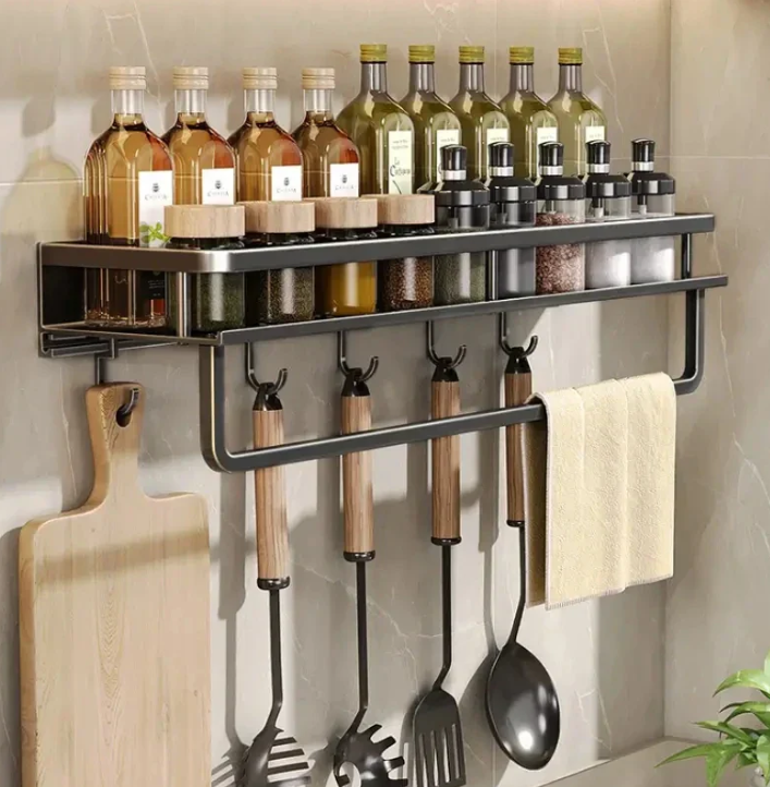 Wall Mounted Kitchen Storage Shelf Slim Organiser Spice Utensil Towel Holder