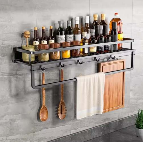 Wall Mounted Kitchen Storage Shelf Slim Organiser Spice Utensil Towel Holder